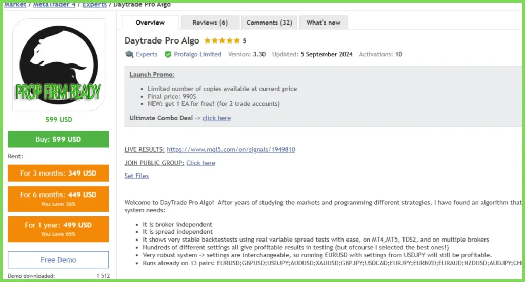 Daytrade Pro Algo EA Vendor website