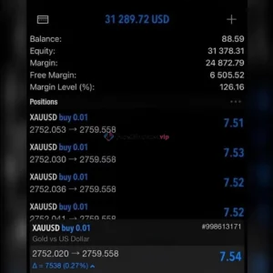 Dominant EA Pro MT5 live-style XAUUSD buy trades on mobile with floating profit display