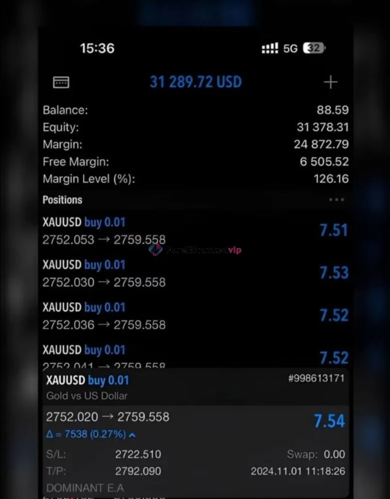 Dominant EA Pro MT5 live-style XAUUSD buy trades on mobile with floating profit display