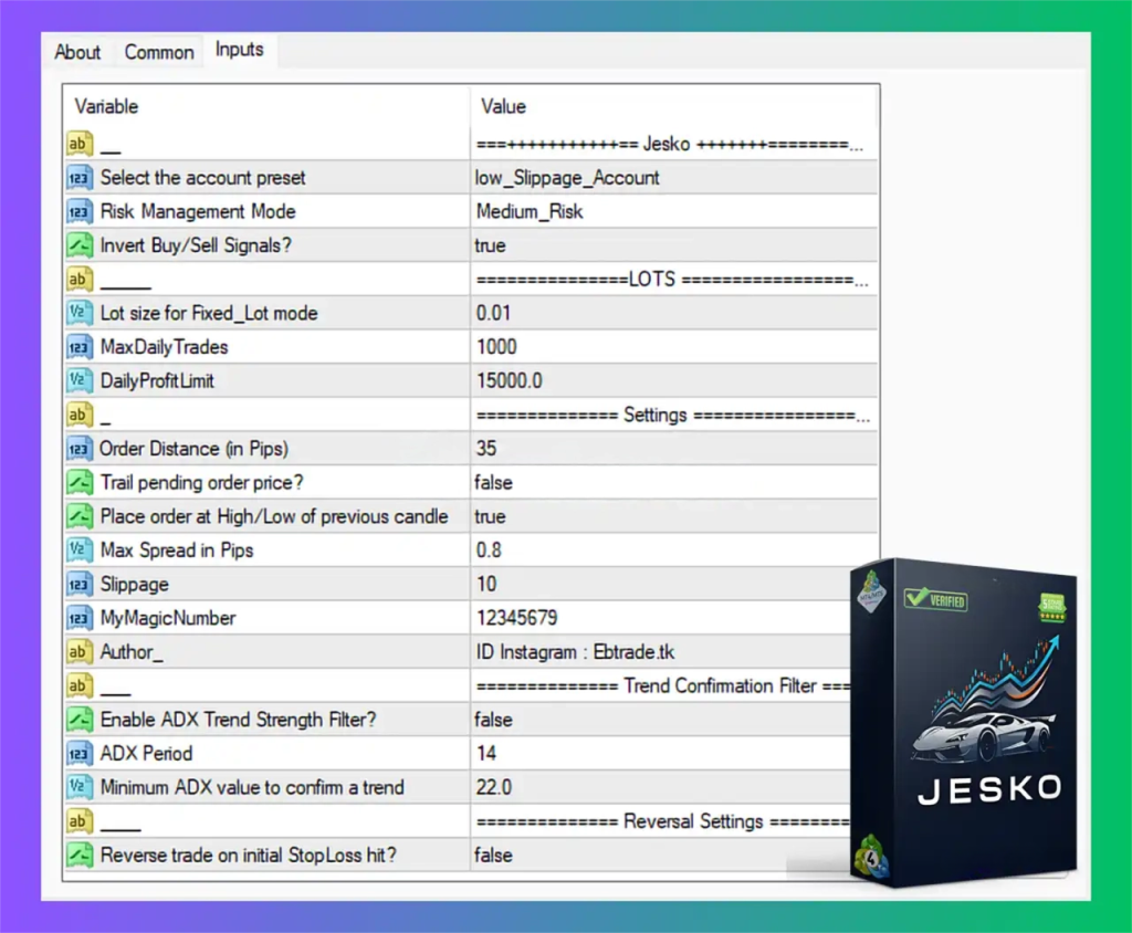 Jesko EA MT4 Settings