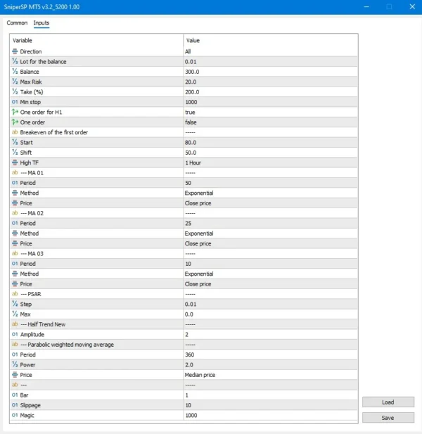 SniperSP MT5 EA settings