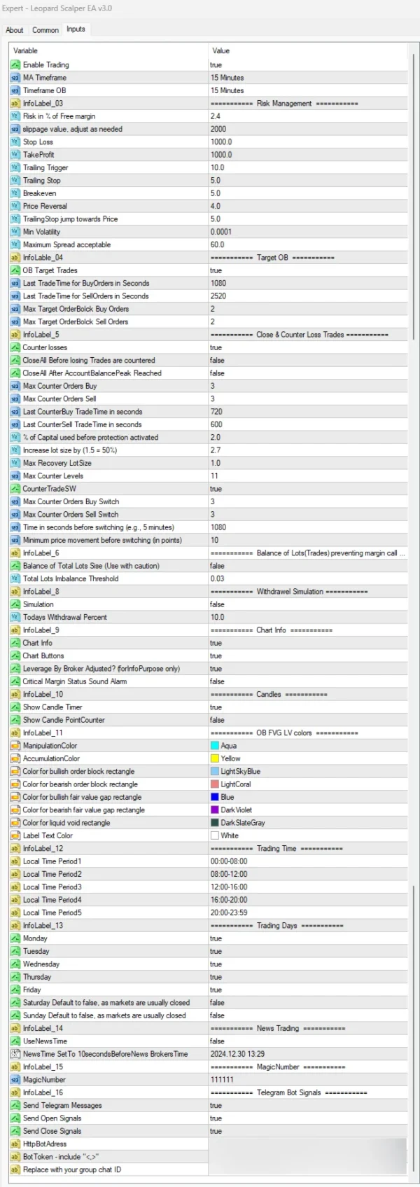Leopard Scalper EA MT4 settings