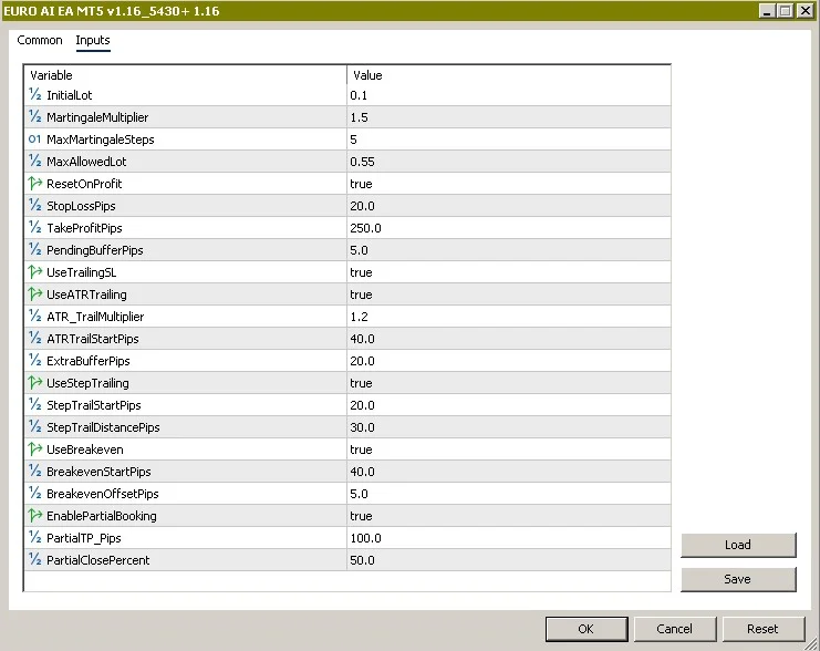 Euro AI EA MT5 settings
