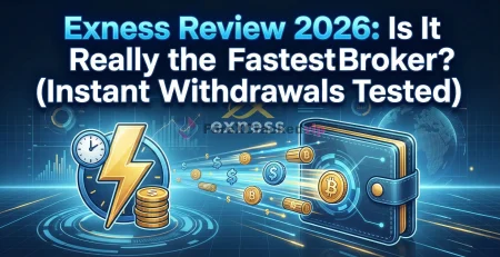 Exness Review 2026 cover image emphasizing instant withdrawals and speed with a lightning bolt visualization.
