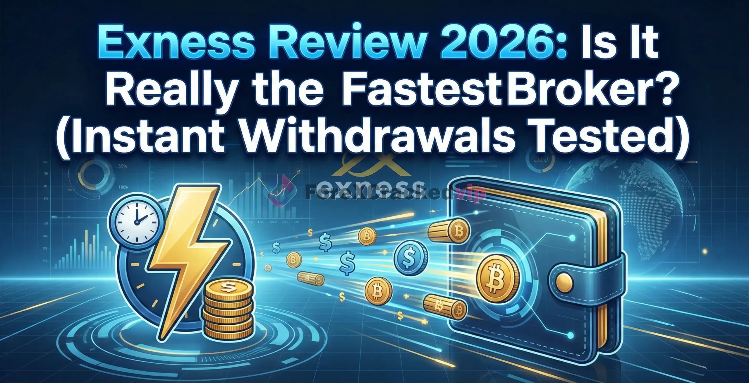 Exness Review 2026 cover image emphasizing instant withdrawals and speed with a lightning bolt visualization.