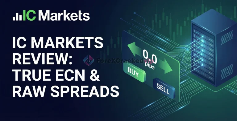 IC Markets review 2026 banner showing true ECN 0.0 pip spreads and buy sell buttons.