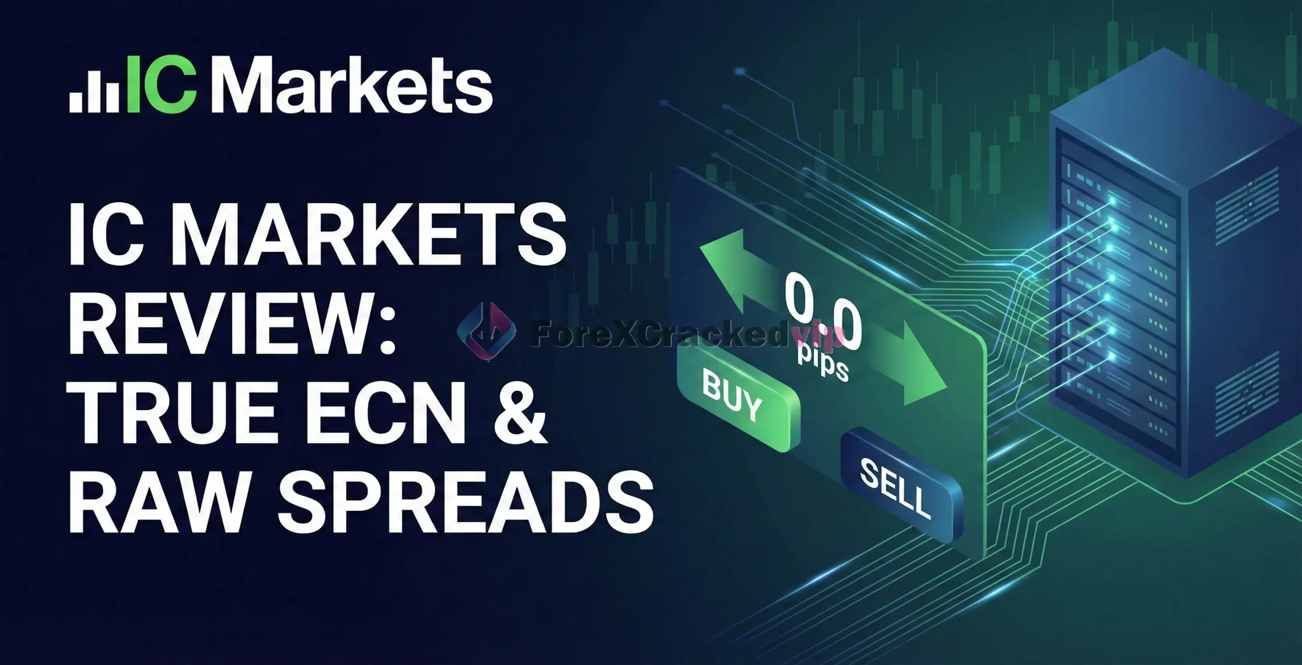 IC Markets review 2026 banner showing true ECN 0.0 pip spreads and buy sell buttons.