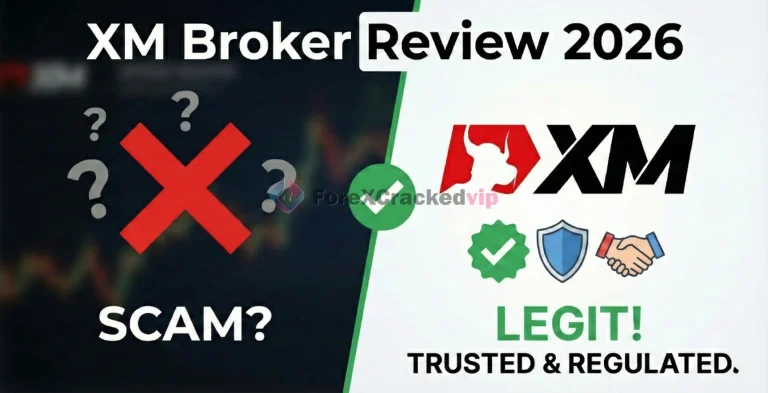 XM Broker Review 2025 infographic comparing scam versus legit status, confirming XM is trusted and regulated with a shield and checkmark.