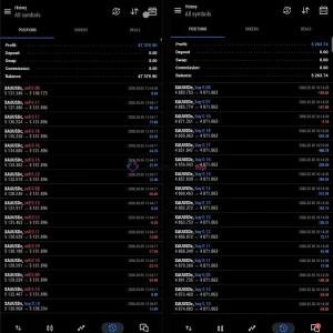 BTX VERSION EA MT5 review showing MT5 trading history with XAUUSD buy and sell positions, multiple entries, and profit results
