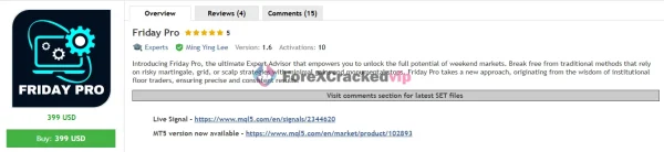 Friday Pro MQL5 signal page with growth and drawdown stats