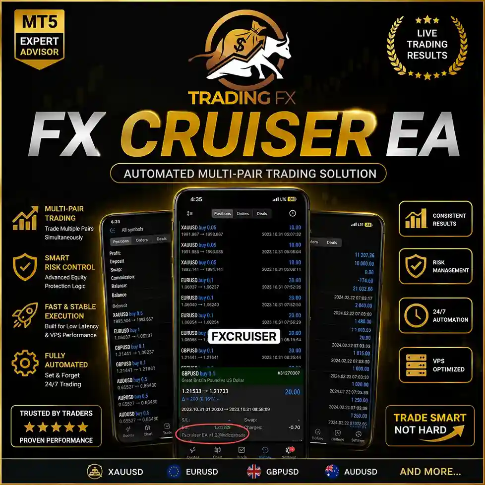 Fx Cruiser EA MT5 live multi-pair trading history dashboard