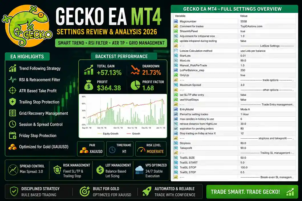 Gecko EA MT4 Settings Review & Analysis 2026 | Full Setup Breakdown